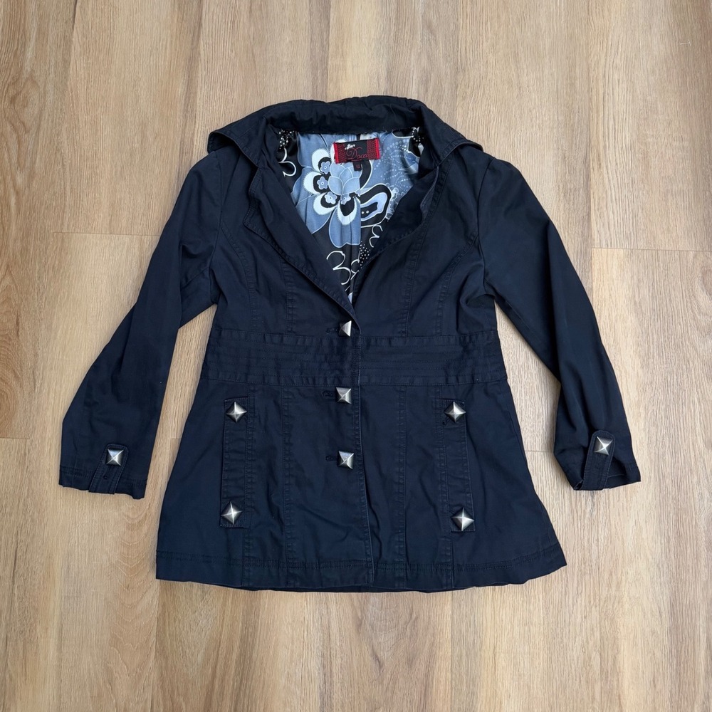 Vintage Black Studded Trench Y2K Grunge Goth Jacket 42 Emo indie sleeze